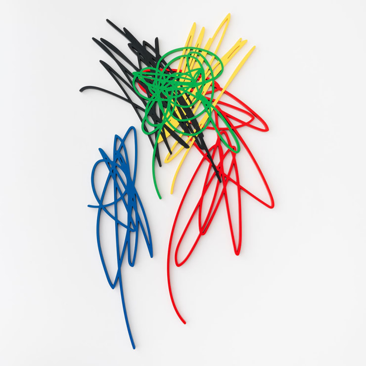 Scribble artwork from Arnaud Vidricaire made of laser cut wood with red blue green black and yellow overlapping colors