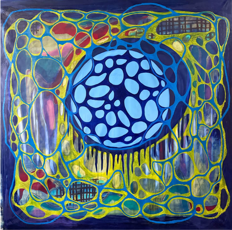 UNWOVEN THE LATTICE, 2024 ink, posca, wax crayons, flash, pigment stick, oil stick and oil on canvas 160 x 160 cm | 63 x 63 inch