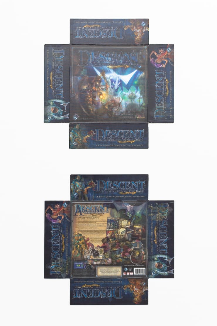 Simon Denny Ascent – Above the Nation State / Descent Journeys in the Dark – Box Lid Overprint, 2017 UV print on unfolded Descent Journeys in the Dark board game box lid & base 45 x 45 cm