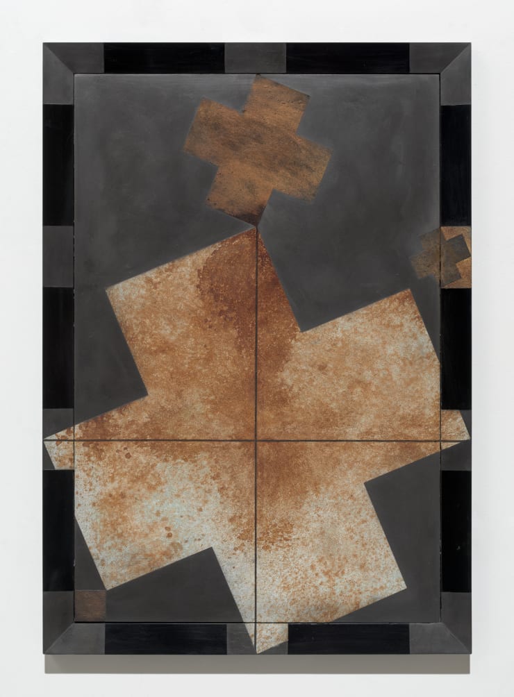 Julia Morison Omnium Gatherum 69: Alembic, 2021 graphite, oil, oxidised iron filings and wax on PVC board and timber frame 100 x 70 x 4 cm