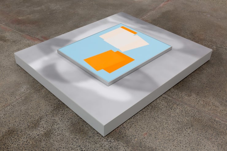 Ella Sutherland Still Life with Back Issues IV, 2023 Acrylic on canvas, aluminium frame, pigment print, lacquered wood plinth 82 x 67 cm painting; 15 x 140 x 120 cm overall