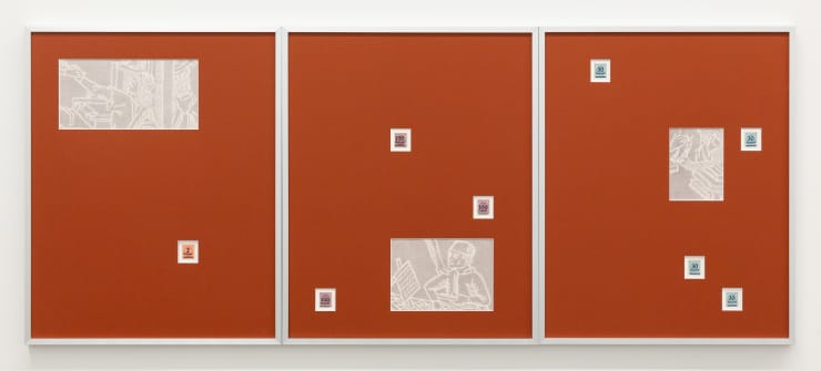 Ella Sutherland Death at the Printers, 2023 Biro on paper, Weimar Republic hyperinflation stamps in artist's frames 50 x 40 cm each; 50 x 120 cm overall Unique