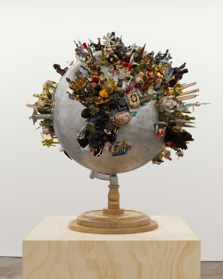 Ruth Watson Kosmos, 2016-24 Souvenirs, aluminium globe on wooden base 75 x 65 x 65 cm 29 1/2 x 25 1/2 x 25 1/2 in