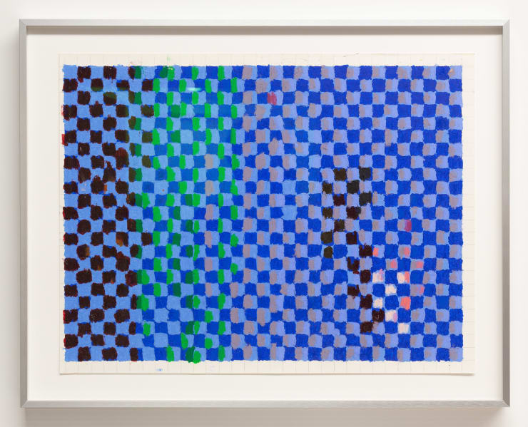Martyn Reynolds Blue grid painting, 2020 Oil stick, oil pastel, pencil on paper in artists frame 50 x 65 cm paper size; 60.5 x 76.5 cm