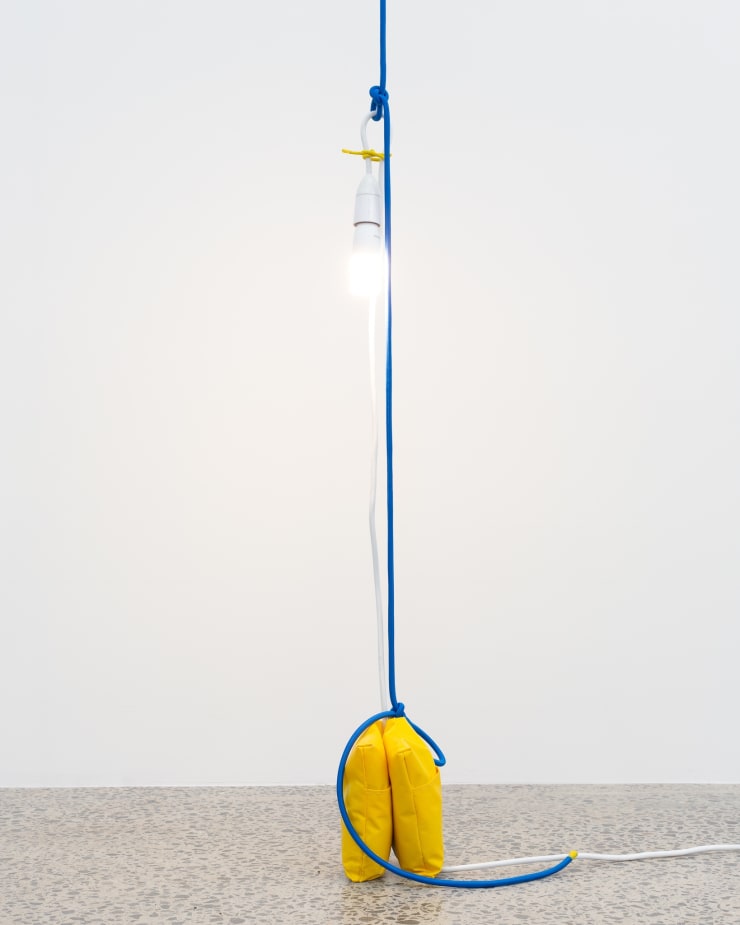 Turumeke Harrington Light assemblage, 2018 - 2019 LED lamp, lamp holder, electrical cable, nylon shock cord, washi tape, PVC sandbag dimensions variable multiple