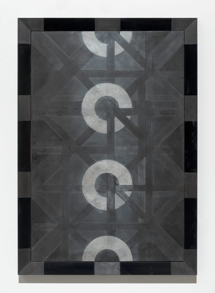 Julia Morison Omnium Gatherum 63: Alembic, 2021 graphite, oil, sheet lead and wax on PVC board and timber frame 100 x 70 x 4 cm
