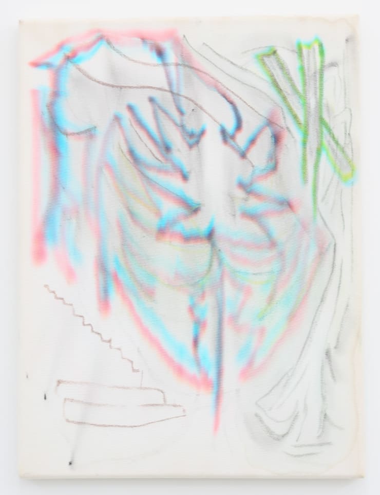 Miles Hendricks Influenza, 2018 Felt marker, crayon, oil pastel, cotton base solution on bull denim 41 x 30.5 cm