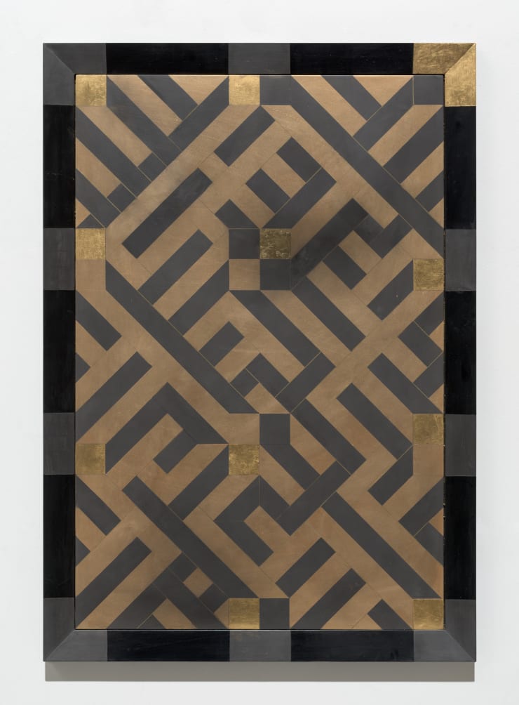 Julia Morison Omnium Gatherum 71: Alembic, 2021 graphite, oil, gold leaf and wax on PVC board and timber frame 100 x 70 x 4 cm