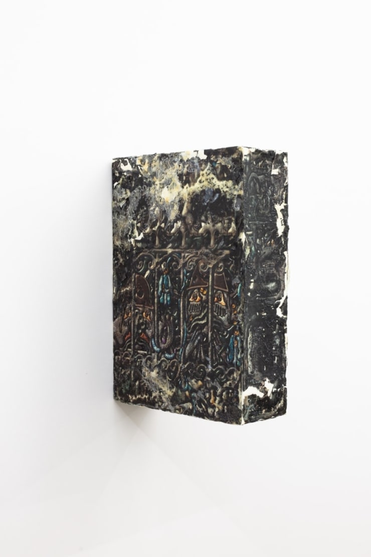 Joshua Petherick Petrified Dawn VI, 2015 Corn Flakes in modified packaging of polyurethane resin, weld-bond, carbon powder, silicone rubber, Lovingearth Organic Purple Corn Extract, spirulina 36 x 9.5 cm
