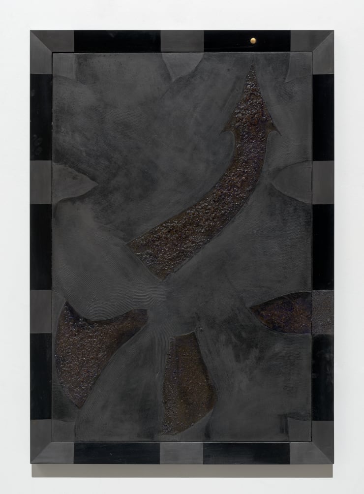 Julia Morison Omnium Gatherum 66: Alembic, 2021 graphite, oil, dog shit and wax on PVC board and timber frame 100 x 70 x 4 cm