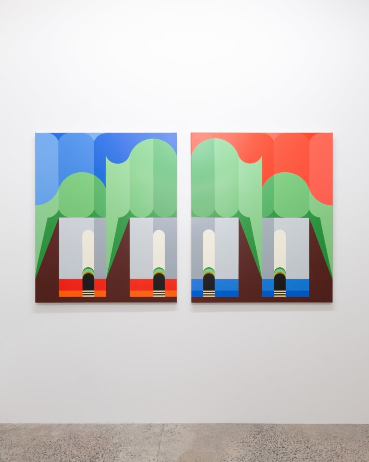 Ella Sutherland Symposium 1 + 2, 2022 Acrylic on linen, diptych 122 x 101.5 cm each panel; 122 x 213 cm overall 48 x 40 in each panel; 48 x 84 in overall