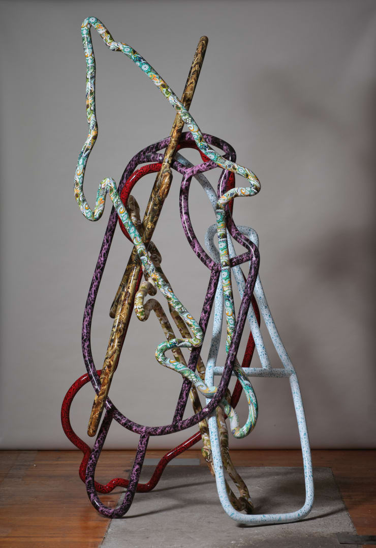 Yolunda Hickman Thickets (paisleydolphinsnakeskincarcondensationbottlebritishcamoufluagedogfireiceblockwoodlandalbatross), 2021 Polyvinyl alcohol, resin, fibreglass and lacquer on marine ply 280 x 140 x 140 cm