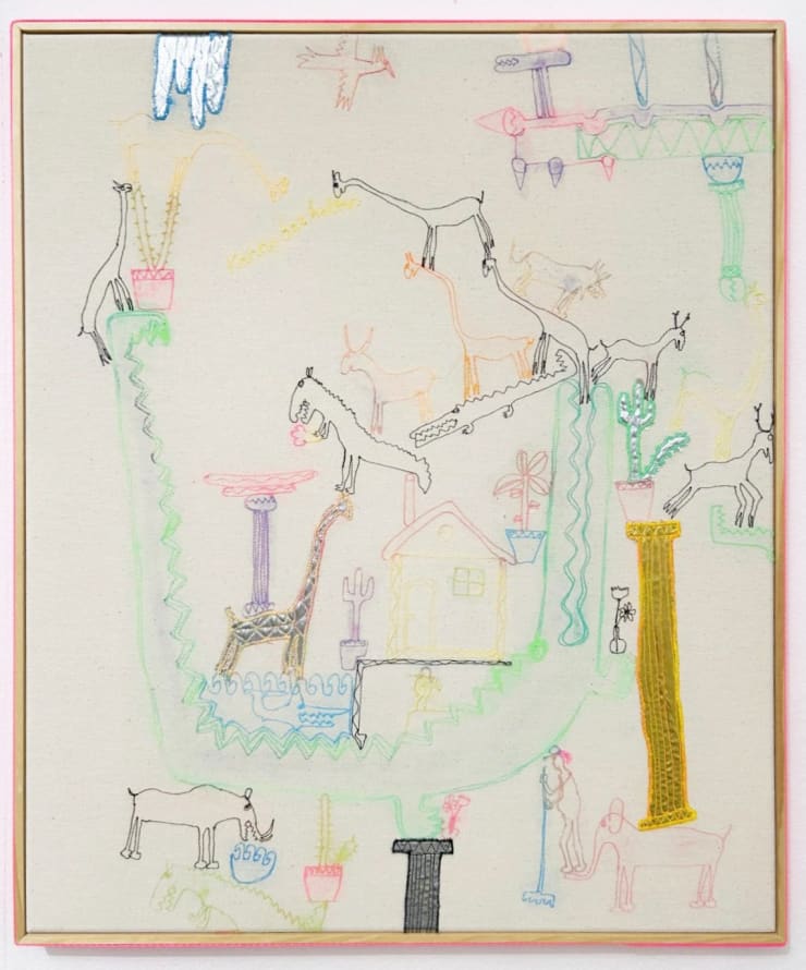 Georg Haberler Kann das halten, 2021 Acrylic ink, sewing thread and textiles on canvas 62 x 51,5 cm