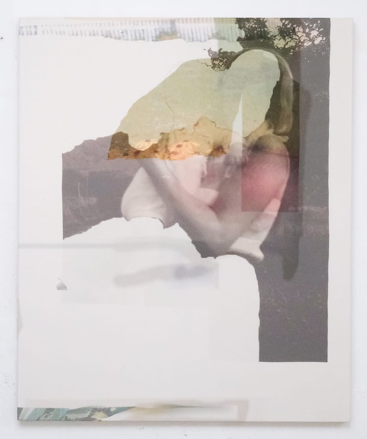 Luis Zimmermann Braubach III, 2025 photoprint on acrylic gauze, canvas fabric, oil paint, acrylic paint 170 x 140 cm