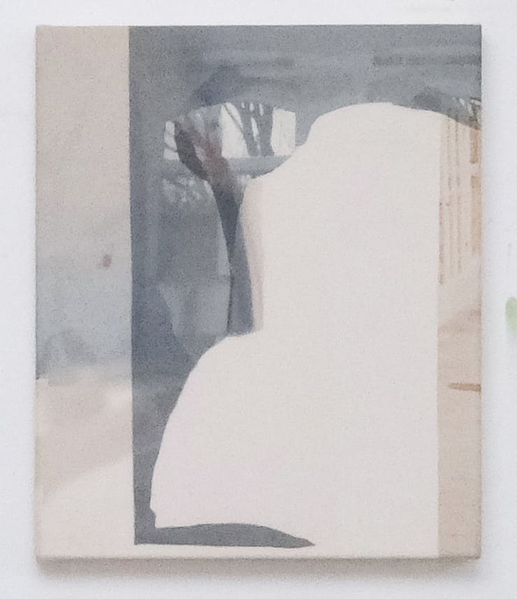 Luis Zimmermann n.t. , 2025 photoprint on acrylic gauze, canvas fabric, oil paint, acrylic paint 60 x 50 cm