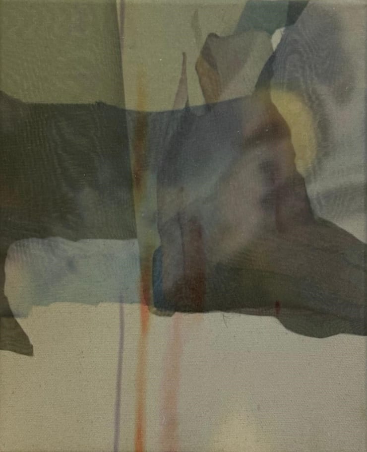 Luis Zimmermann n.t., 2025 photoprint on acrylic gauze, canvas fabric, oil paint, acrylic paint 35 x 30 cm