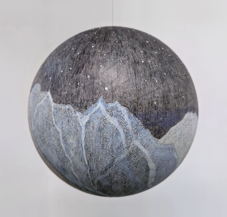 Danger Hiking, 2025 Ink and gouache on paper on fiberglass sphere 12 inch diameter