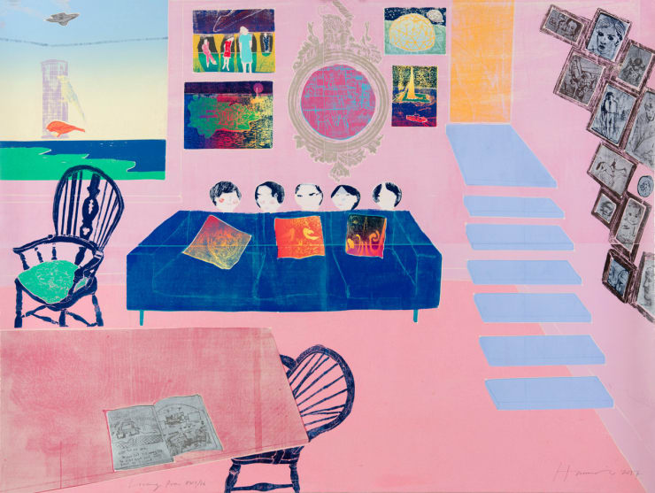 Living Room, E.V. 1/16, 2017 Edition variable woodcut reduction, edition of 16 52 3/8 x 70 7/8 inches Framed dimensions 54 1/2 x 71 inches