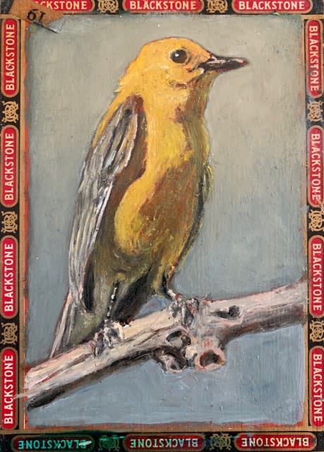 Prothonotary Warbler / Blackstone, 2020 Oil on cigar box 8 1/2 x 6 x 2 1/4 inches