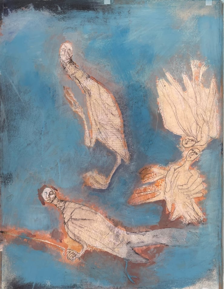 Four Birds and Hand, 2022-2023 Pencil, casein and chalk on paper 23 x 17 1/2 inches Framed dimensions 28 x 22 inches