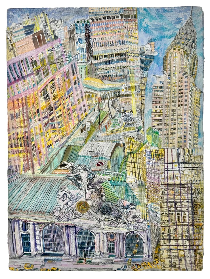 Across the Street from Grand Central, 2013 Ink, watercolor and wax on paper 30 x 22 inches Framed dimensions 35 x 27 inches