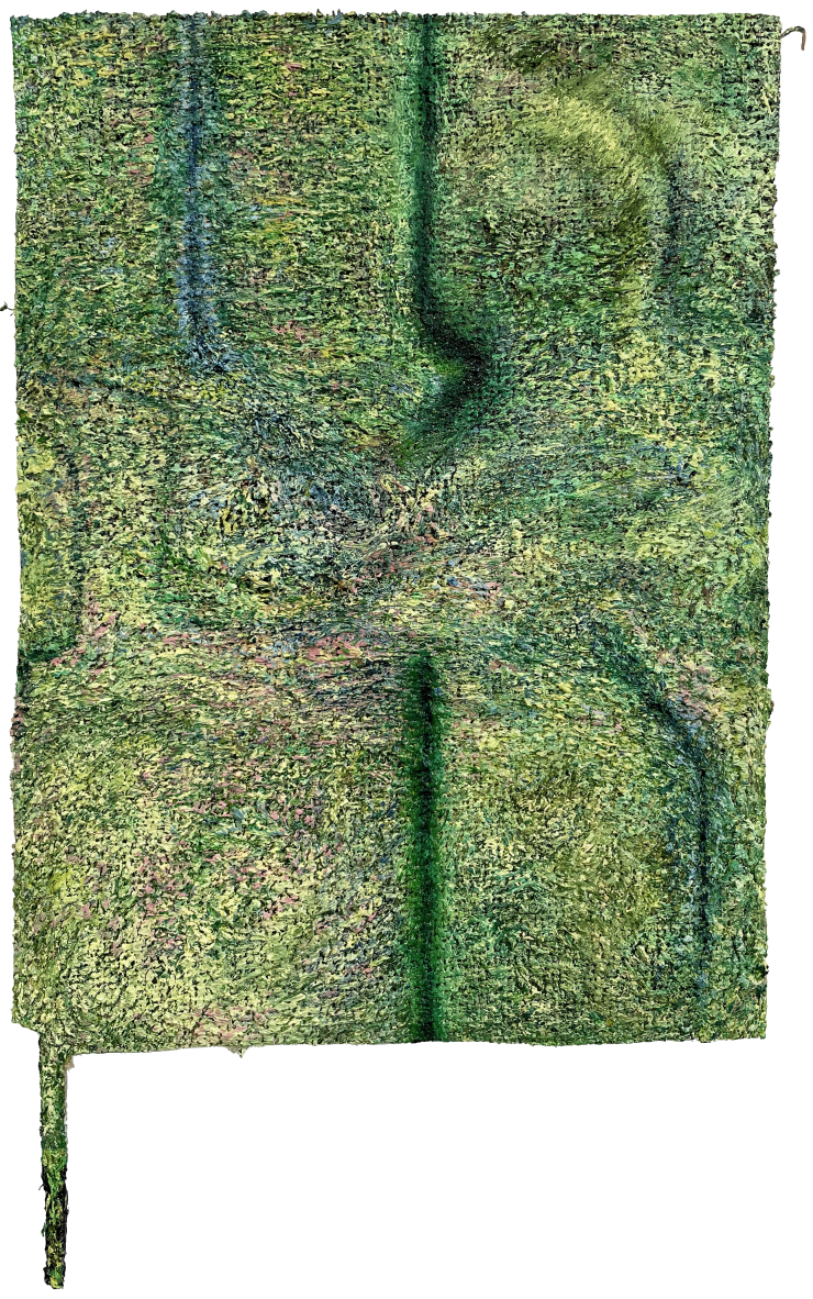 The Aish Buds Wait, 2023 Oil and jute on panel 11 1/2 x 6 1/2 inches