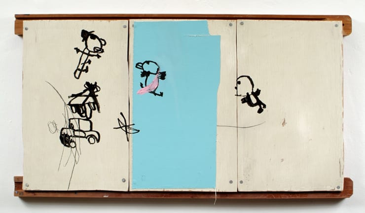 all tricks aside, 2003 oil, graphite, lumber stick, nails, canvas on wood 22 1/2 x 42 inches