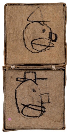 two clowns boxed, 2013 Charcoal, resin stik, thread on cardboard 4 1/8 x 2 1/16 in.