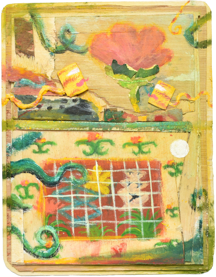 First Chance Greenhouse, 2025 Pastel, acrylic, paper on plywood 9 1/2 x 7 1/2 inches