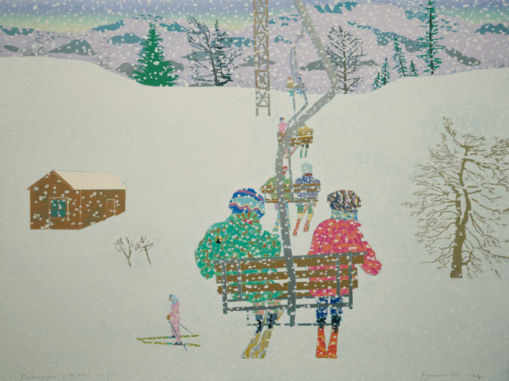 Rükenfigur (Ski Path) E.V. 2/8, 2024 Edition variable reduction woodcut with hand painting, edition of 8 50 3/8 x 65 3/4 inches Framed dimensions 54 1/4 x 69 1/4 inches