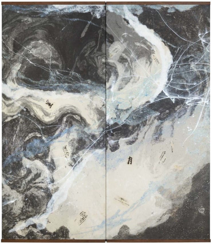 Sakuhin (Work), 2019 Two-panel folding screen; recycled antique ganpi paper fibers, ink, document fragments, mica and mineral pigments 73 x 64 inches