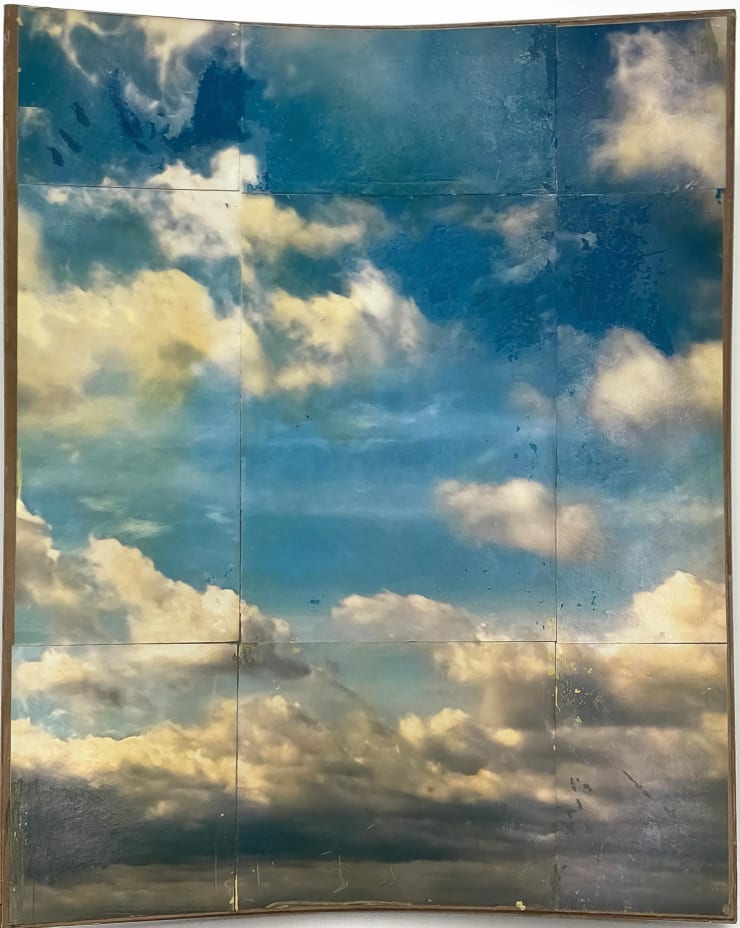 it's a beautiful day, 2025 Ultrachrome K3 Epson ink jet prints on gelatin hand-coated paper, acrylic paint, wheat paste and PVA glue, fiber board varnish, wax 59 x 46 x 7 1/4 inches