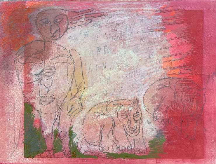 Two Cats and Figure, 2022-2023 Watercolor, chalk and and pencil on paper 11 x 15 inches
