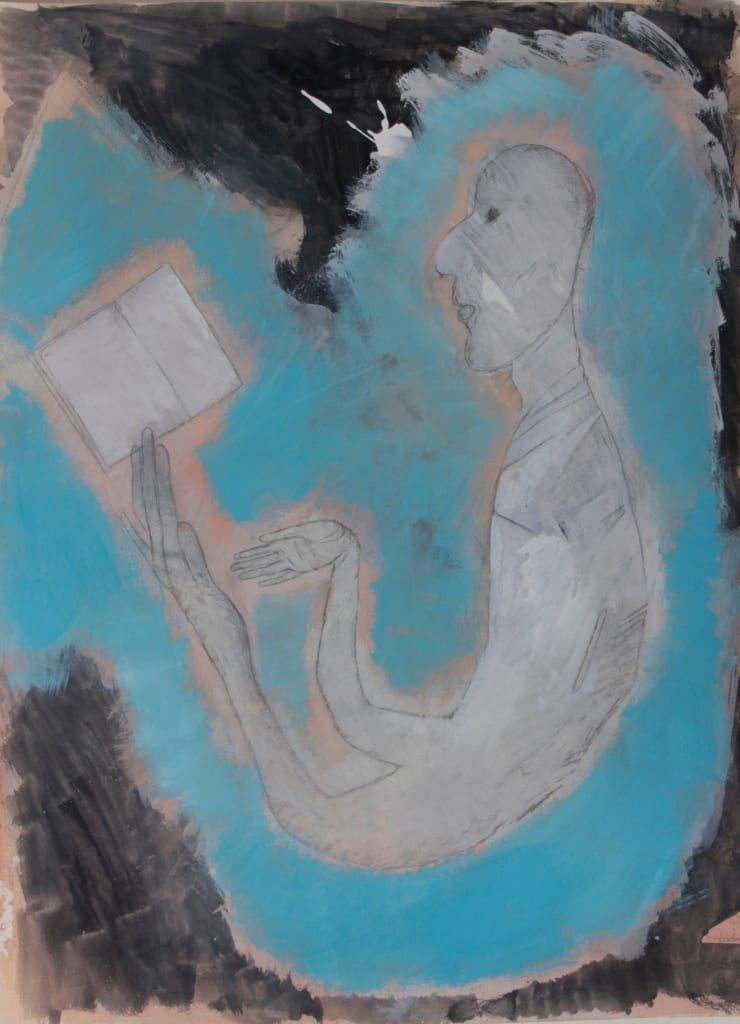 Figure with Book, 2022-2023 Pencil and casein on paper 24 x 18 inches Framed dimensions 28 x 22 inches