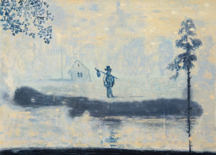 Hobo's Lullaby, 2021 Oil, paper and varnish on panel 8 1/2 x 11 3/4 inches Framed dimensions 9 1/4 x 12 3/4 inches