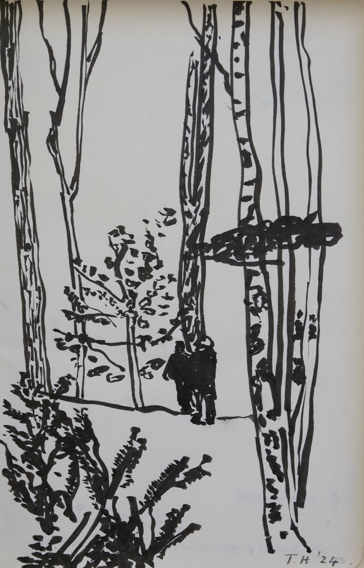 Two Friends in a Wood, Lennox, 2024 Ink on paper 7 1/2 x 5 inches Framed dimensions 9 x 6 inches