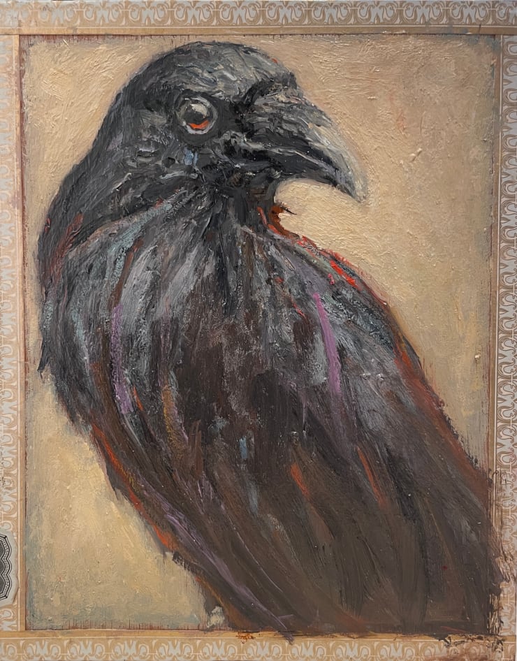 Raven/ La Palima, 2021 Oil on cigar box 8 1/4 x 6 1/2 x 2 inches