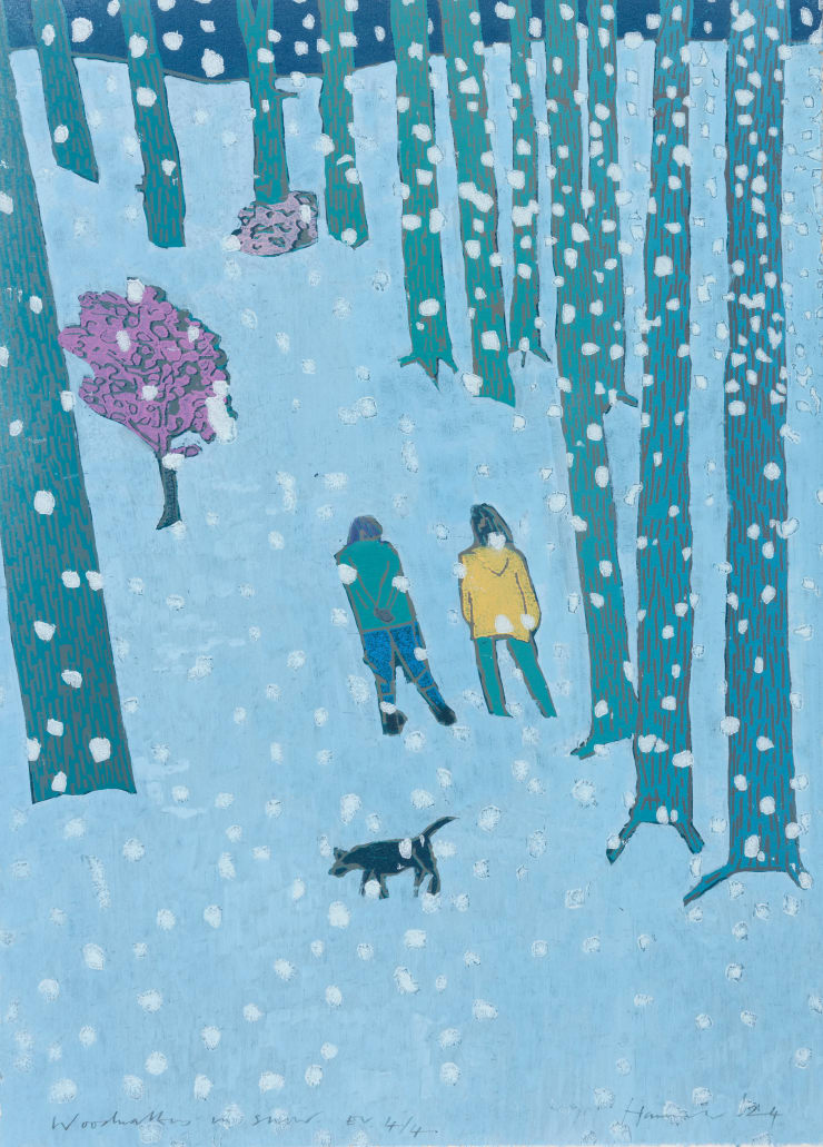 Woodwalkers in Snow, E.V. 4/4, 2024 Edition variable reduction woodcut with hand painting, edition of 4 12 7/8 x 14 7/8 inches Framed dimensions21 1/2 x 17 1/2 inches