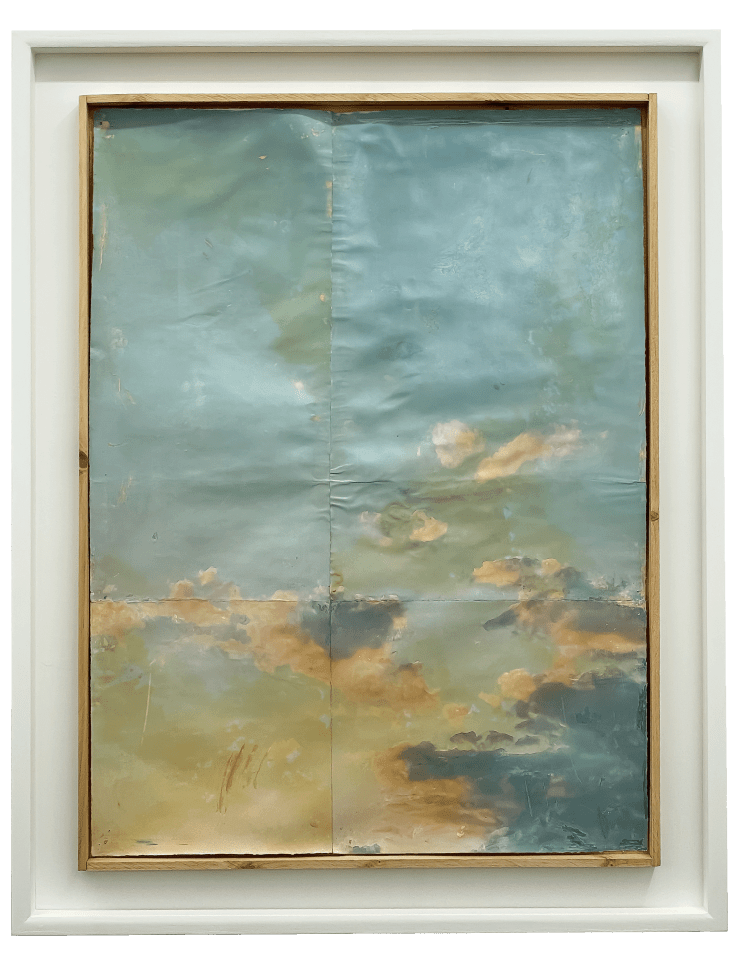 (5843) one morning two butterflies play, 2024-2025 Ultrachrome K3 Epson ink jet prints on gelatin hand-coated Zerkall paper, acrylic paint, pva glue, wheat paste, varnish and wax Framed dimensions 54 x 42 inches