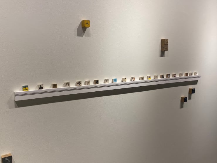 tiny boxes (on shelf), 2017-2018 Mixed media on vintage cardboard watch parts boxes, wood 3 1/4 x 72 x 1 1/4 in.