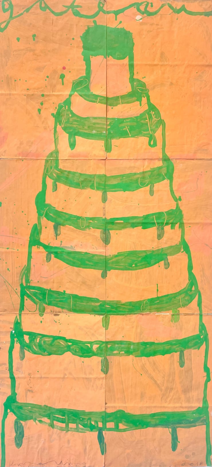 Green on Apricot, 2020 Mixed media on paper bags 50 x 24 in.