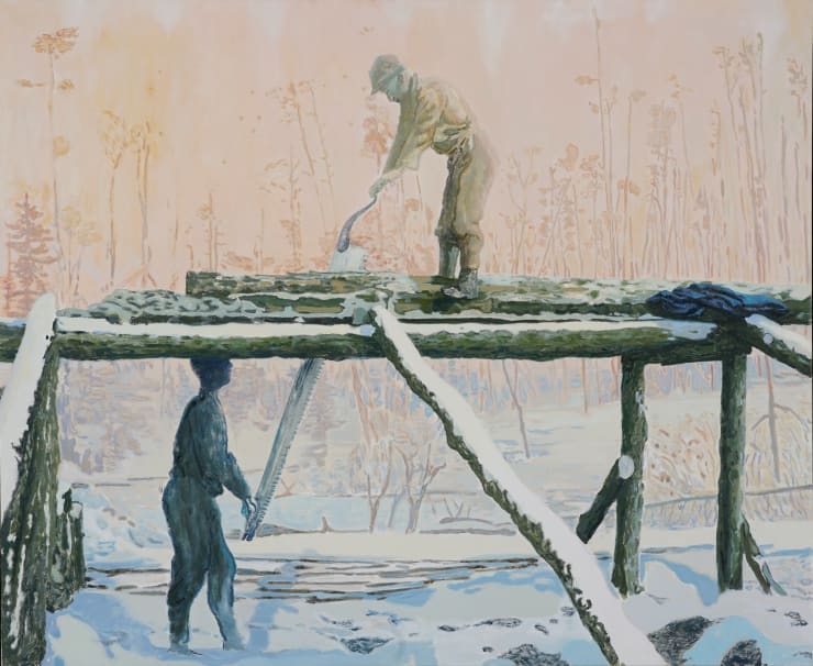 We Cut Down The Pines To Make A New Floor, 2024 Oil on canvas 39 1/2 x 48 1/4 inches Framed dimensions 40 3/4 x 49 1/4 inches