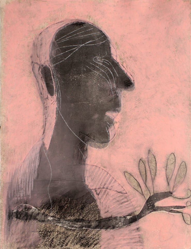 Dark Profile with Branch, 2022-2023 Monoprint with hand coloring on paper 15 x 11 inches Framed dimensions 19 x 15 inches