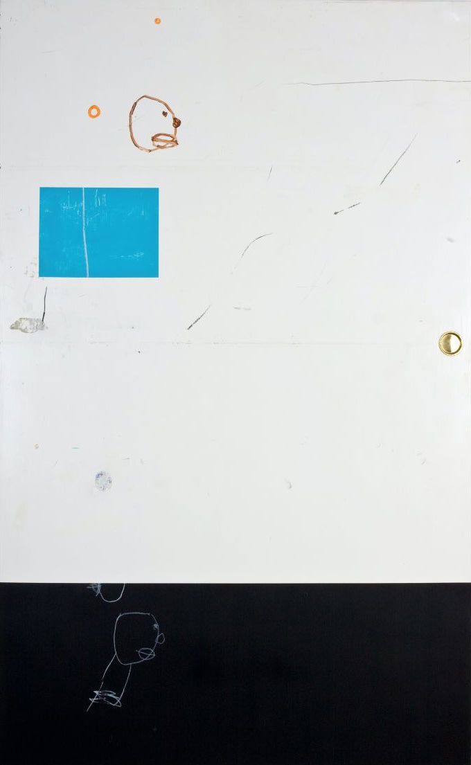 it was a race, oh yes it was, to get that brass ring, baby, 2010 Oil, texture paste, china marker, metal, acrylic on wood 78 1/2 x 48 in.