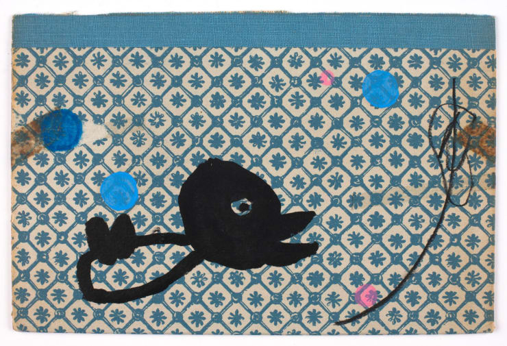 Black Bird, Flying, 2014 Ink, oil, charcoal, resin stick on book cover 5 1/2 x 8 1/4 in.