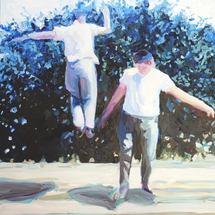 Boys on Trampoline, 2023 Acrylic on aluminum dibond panel 30 x 30 inches Framed dimensions 31 1/4 x 31 1/4 inches