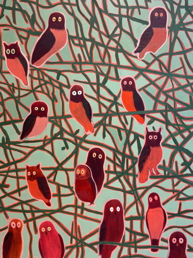 15 Owls, Pink Forest, 2025 Oil on linen 48 x 36 inches