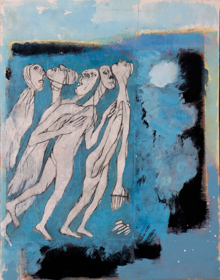 Five Figures and Moon, 2022-2023 Mixed media on board 18 x 14 inches