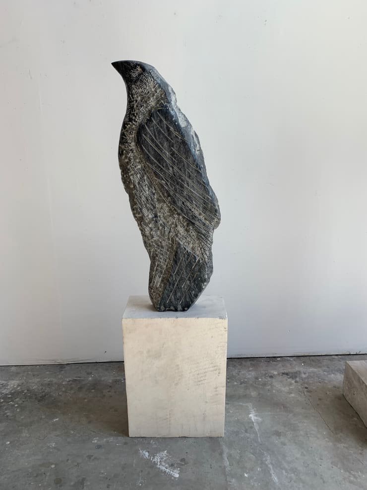 Black Marble Raven, 2021 Black marble and limestone 59 x 16 x 8 inches Figure: 36 x 16 x 3 inches Base: 23 x 23 x 5 inches