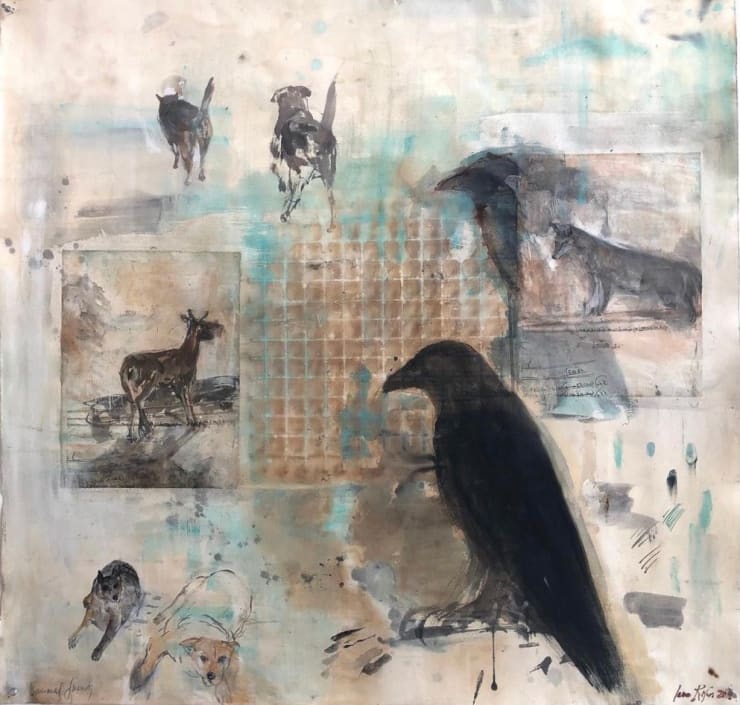 Animal Friends, 2018 Indian paper collage, pigment, coffee, watercolor, and ink on paper 40 x 41 inches Framed dimensions 44 x 45 inches
